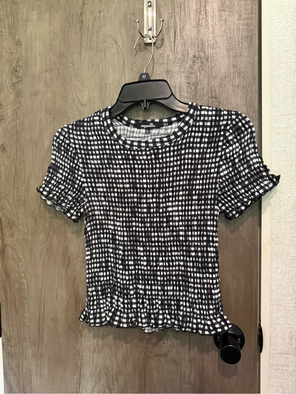 Sugarlips Black and White Smocked Gingham Short Sleeve Top